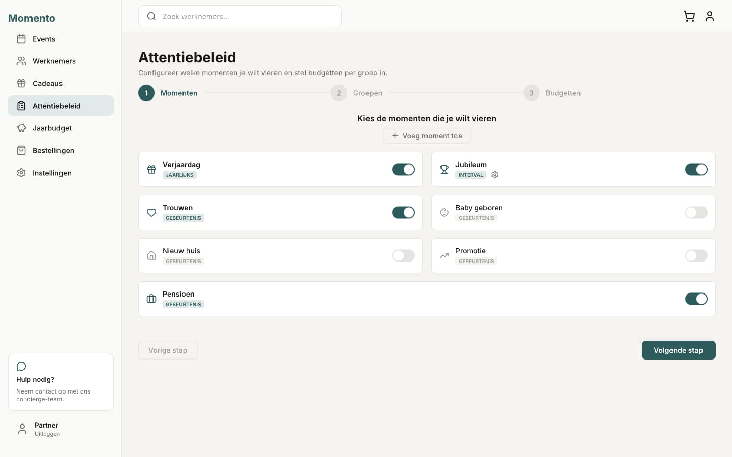 Momento attentiebeleid instellingen