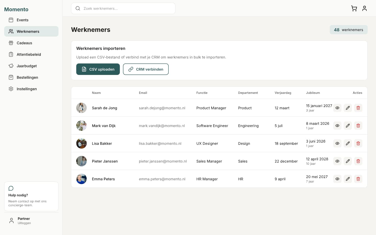 Momento werknemers upload interface